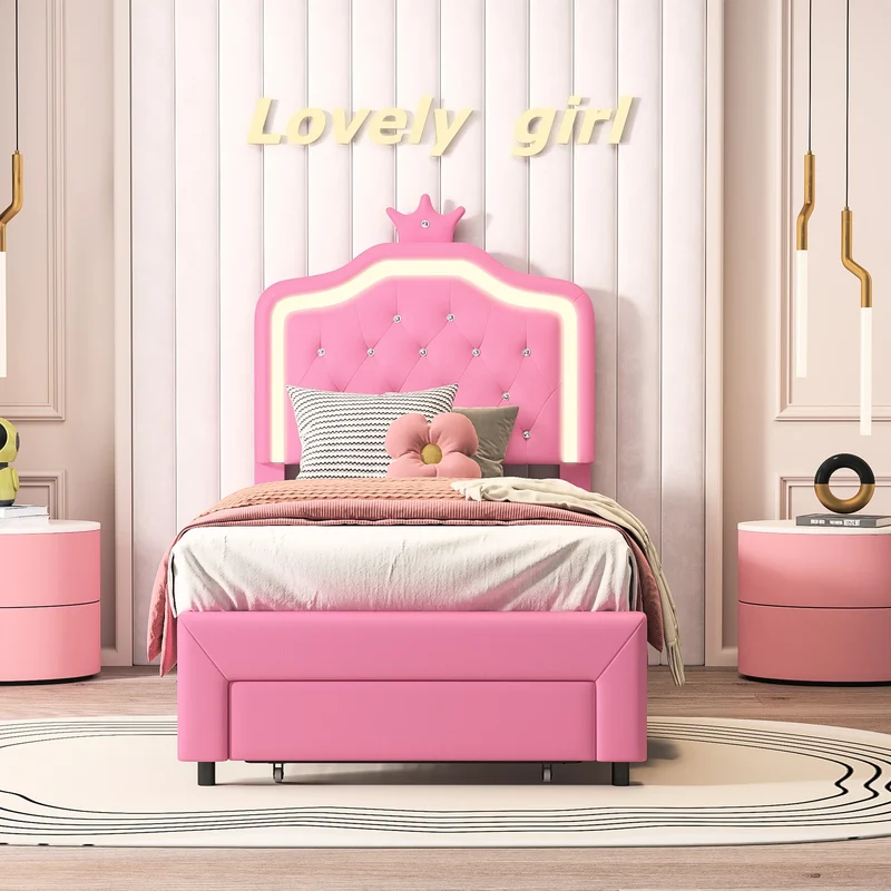 Rosahqnda Children bed Padded Single bed 90*200cm Double Bed 140*200cm girls bed Princesses bed Youth bed Frame PU