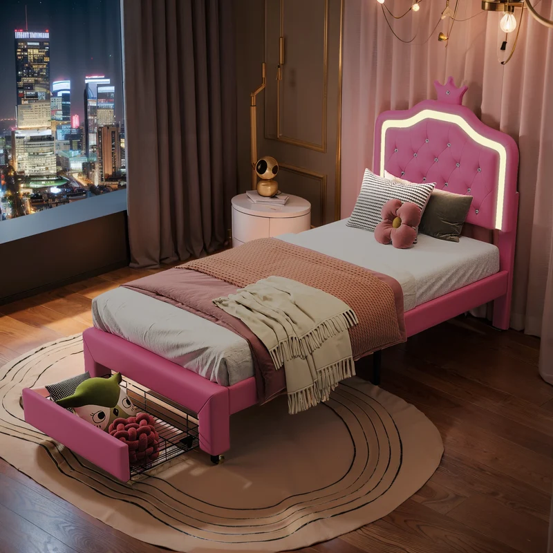Rosahqnda Children bed Padded Single bed 90*200cm Double Bed 140*200cm girls bed Princesses bed Youth bed Frame PU
