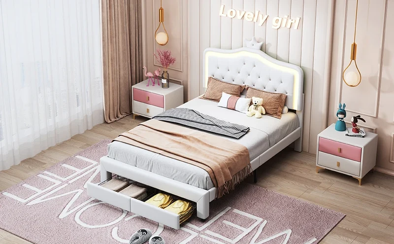 Rosahqnda Children bed Padded Single bed 90*200cm Double Bed 140*200cm girls bed Princesses bed Youth bed Frame PU