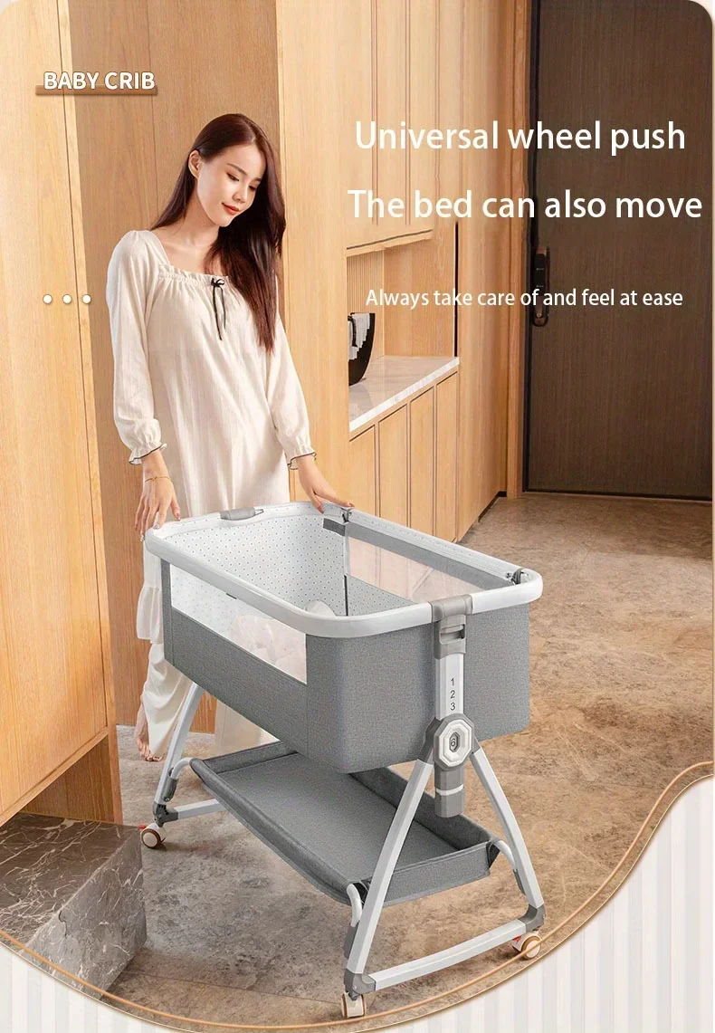 Baby Crib, Portable Splicing, Cradle Bed, Foldable Height Adjustable Splicing, and Movable Bedside Swing, Cradle Bed