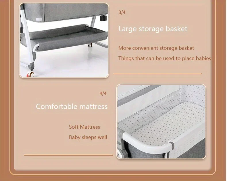 Baby Crib, Portable Splicing, Cradle Bed, Foldable Height Adjustable Splicing, and Movable Bedside Swing, Cradle Bed