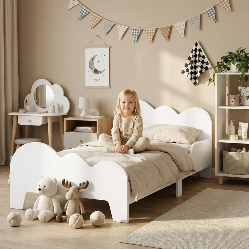 Aiyaplay Bed for Children +3 Years Old 140X70 cm Children's Bed Frame Cloud Theme with Guardrail for Bedroom White