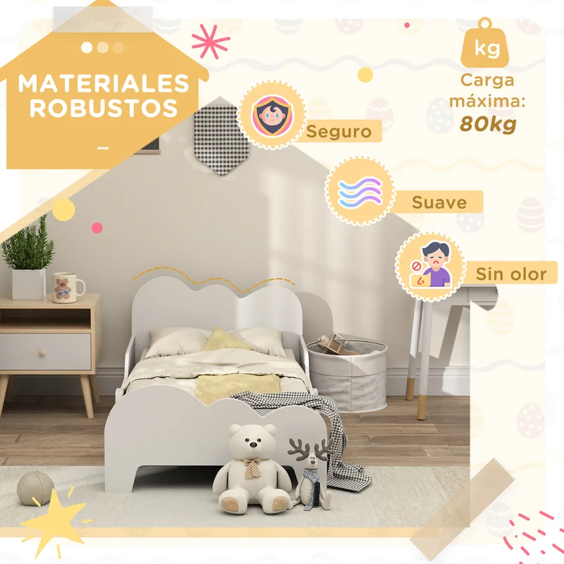 Aiyaplay Bed for Children +3 Years Old 140X70 cm Children's Bed Frame Cloud Theme with Guardrail for Bedroom White