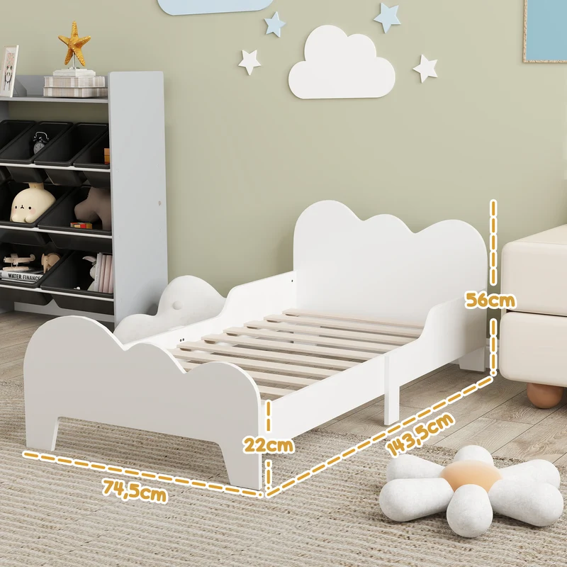 Aiyaplay Bed for Children +3 Years Old 140X70 cm Children's Bed Frame Cloud Theme with Guardrail for Bedroom White