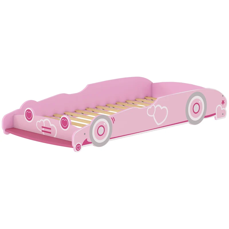 Aiyaplay Children's Bed 70X140 cm with Anti-Fall Barrier and Pink Car-Shaped Headboard Base