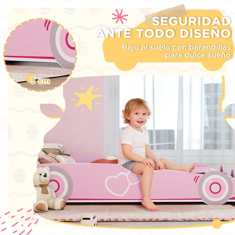 Aiyaplay Children's Bed 70X140 cm with Anti-Fall Barrier and Pink Car-Shaped Headboard Base