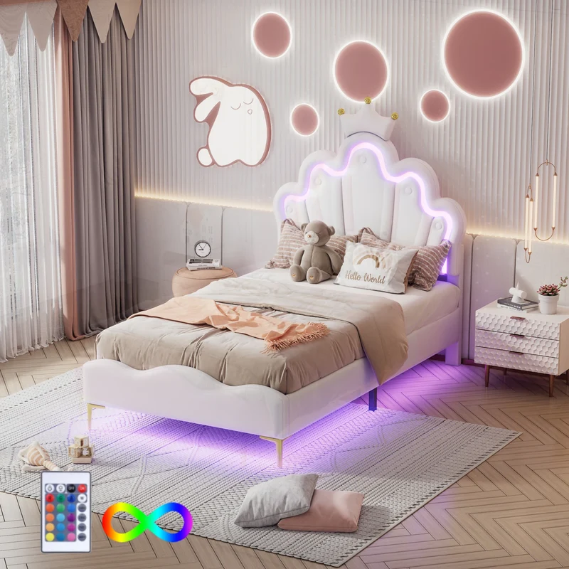 Rosahqnda Children's bed girls Single bed Double Bed Children bed Princess Crown Shape bed Adjustable Headboard