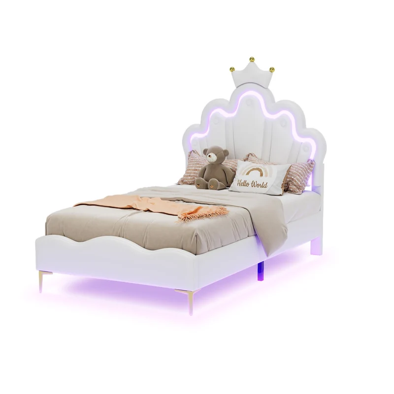 Rosahqnda Children's bed girls Single bed Double Bed Children bed Princess Crown Shape bed Adjustable Headboard