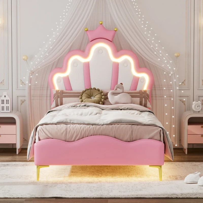 Rosahqnda Children's bed girls Single bed Double Bed Children bed Princess Crown Shape bed Adjustable Headboard