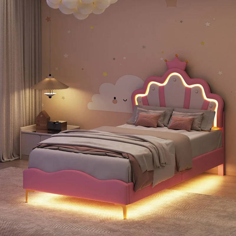 Rosahqnda Children's bed girls Single bed Double Bed Children bed Princess Crown Shape bed Adjustable Headboard