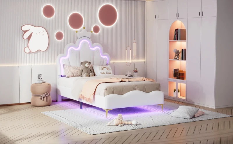 Rosahqnda Children's bed girls Single bed Double Bed Children bed Princess Crown Shape bed Adjustable Headboard