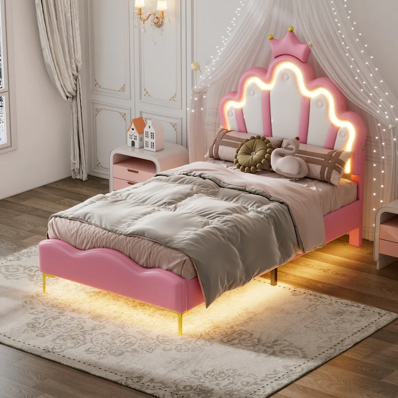 Rosahqnda Children's bed girls Single bed Double Bed Children bed Princess Crown Shape bed Adjustable Headboard