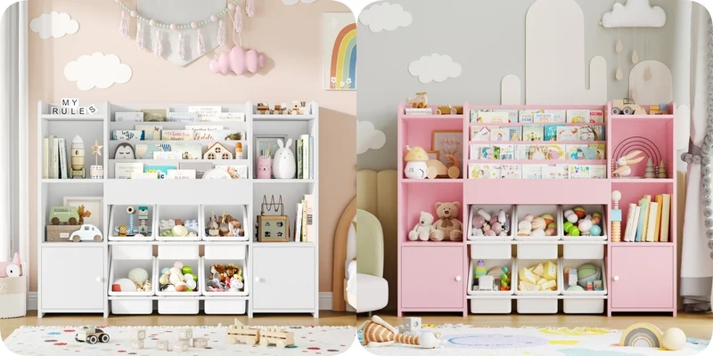 Getone Toy Storage Unit Kids Storage Unit Kids Toy Storage with 6 Removable Boxes, 4-tier Book Shelf Childrens Bookcase Kids Bookshelf Toy Organiser for Kids Room, Nursery Playroom 119x29.5x94 cm