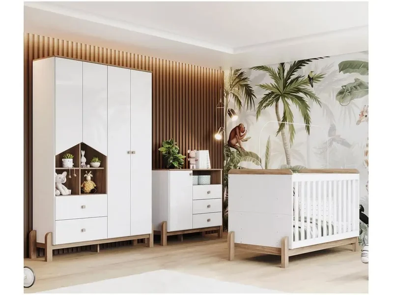 Full Baby Room with Cradle Dresser and Wardrobe Henn White Ternor and Jequitibá