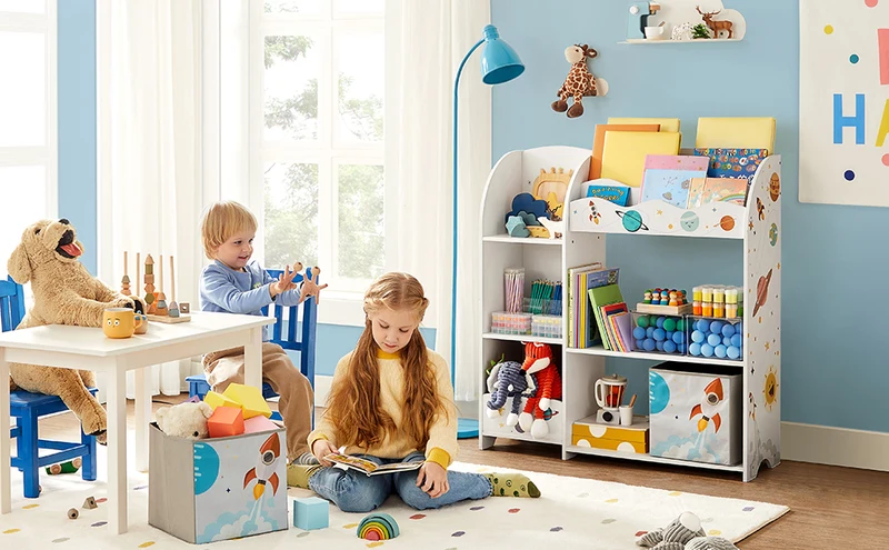 SONGMICS Toy and Book Storage Rack, Multifunctional Storage Furniture with 2 Drawers Fabric for Playroom