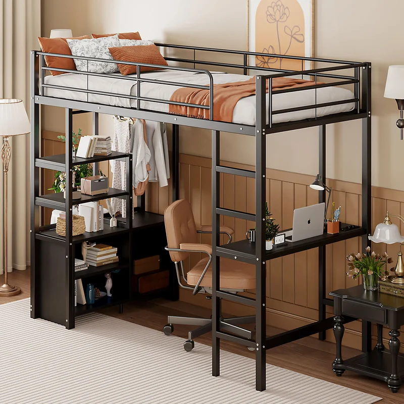 High bed 90 × 200 cm with crash protection, child bed with desk & USB, youth bed with shelves & open storage cabinet