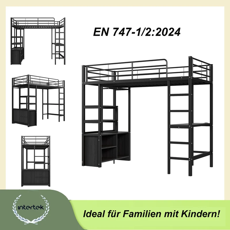 High bed 90 × 200 cm with crash protection, child bed with desk & USB, youth bed with shelves & open storage cabinet