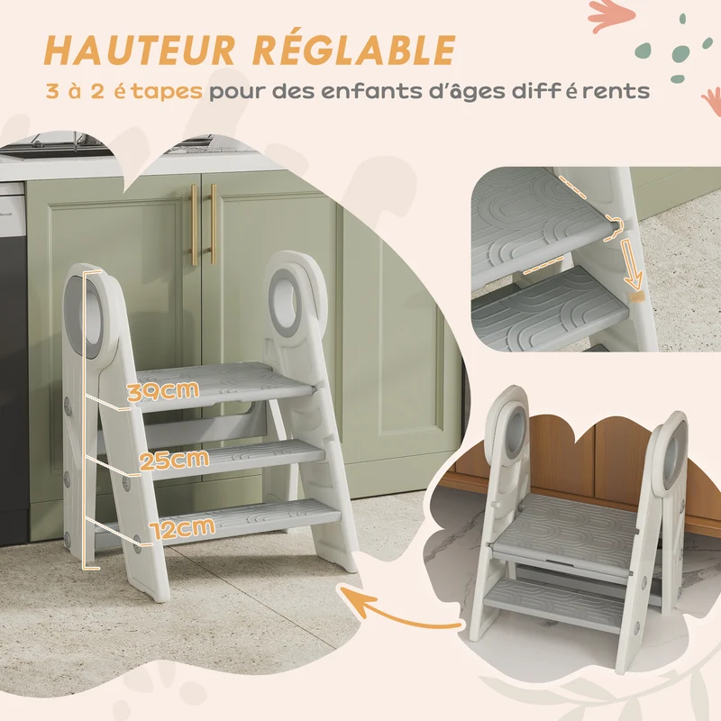 AIYAPLAY foot walking for child 3 steps, kitchen step for child, foldable, adjustable height, with handles, surfac