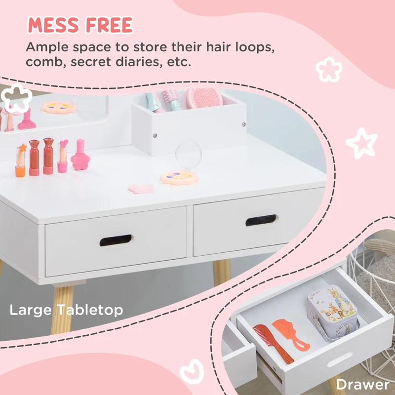 Zonekiz Dressing Table for Girls 3-6 Years Old with Stool and Mirror 60X40X95 cm White