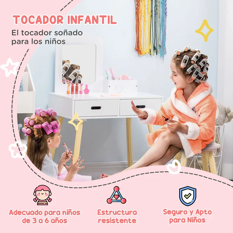 Zonekiz Dressing Table for Girls 3-6 Years Old with Stool and Mirror 60X40X95 cm White