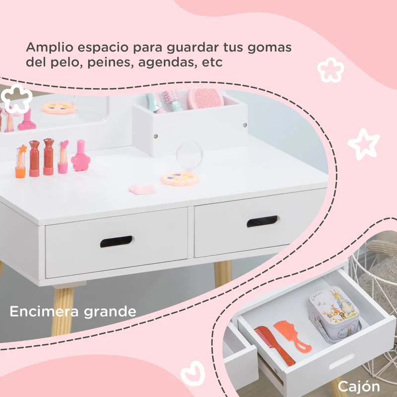 Zonekiz Dressing Table for Girls 3-6 Years Old with Stool and Mirror 60X40X95 cm White