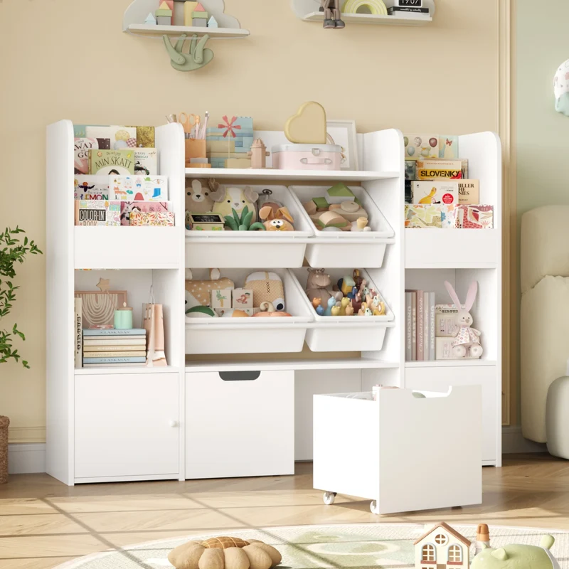 Getone Toy Storage Unit Children's Bookshelf Kid's Room Furniture Bookcase with 4 Boxing 2 boxing rolls 13 shelves 126x30x104cm