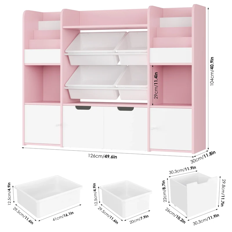 Getone Toy Storage Unit Children's Bookshelf Kid's Room Furniture Bookcase with 4 Boxing 2 boxing rolls 13 shelves 126x30x104cm