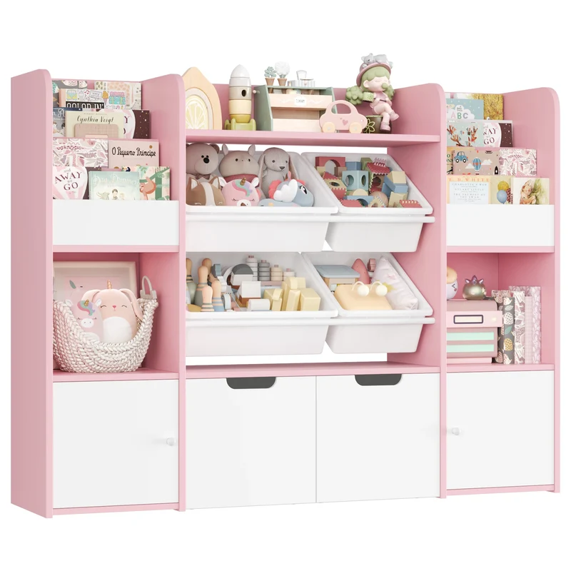 Getone Toy Storage Unit Children's Bookshelf Kid's Room Furniture Bookcase with 4 Boxing 2 boxing rolls 13 shelves 126x30x104cm