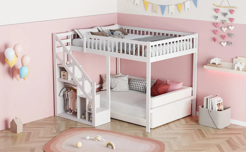 Rosahqnda children's high bed 90x200 cm 140x200 cm, children's bed with crash protection, stair, storage space, bunk bed, solid wood