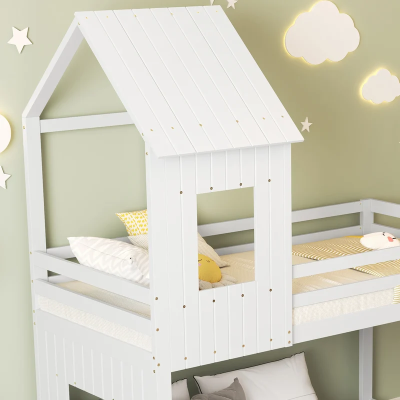 Children's bed with slide and window for fun and safety in the children's room, solid wood with ladder and fence