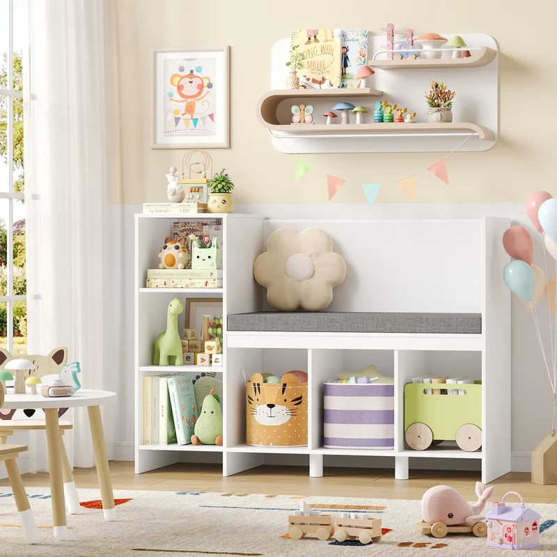 Child Rack 110 cm toys Shelf CHILDREN'S room with Pillow and 6 Shelves Child Seat Bench toys storage for Kids