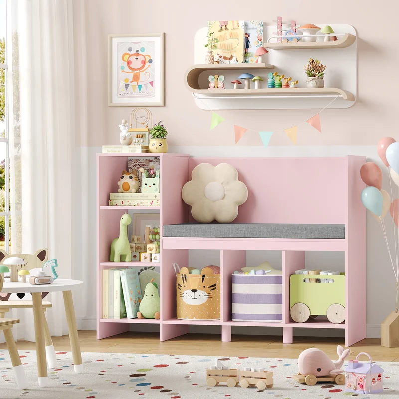 Child Rack 110 cm toys Shelf CHILDREN'S room with Pillow and 6 Shelves Child Seat Bench toys storage for Kids