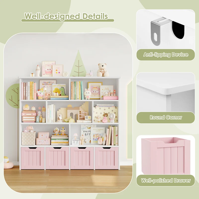 Getone Kids Toy Storage Unit Childrens Bookcase with 4 roller drawers 8 shelves Toy Organiser Kids Bookshelf for Nursery Playroom 125.5x33x118cm White/ Pink