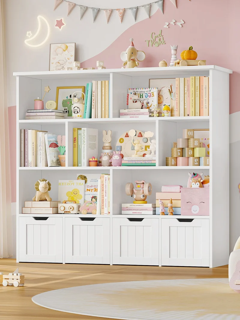 Getone Kids Toy Storage Unit Childrens Bookcase with 4 roller drawers 8 shelves Toy Organiser Kids Bookshelf for Nursery Playroom 125.5x33x118cm White/ Pink