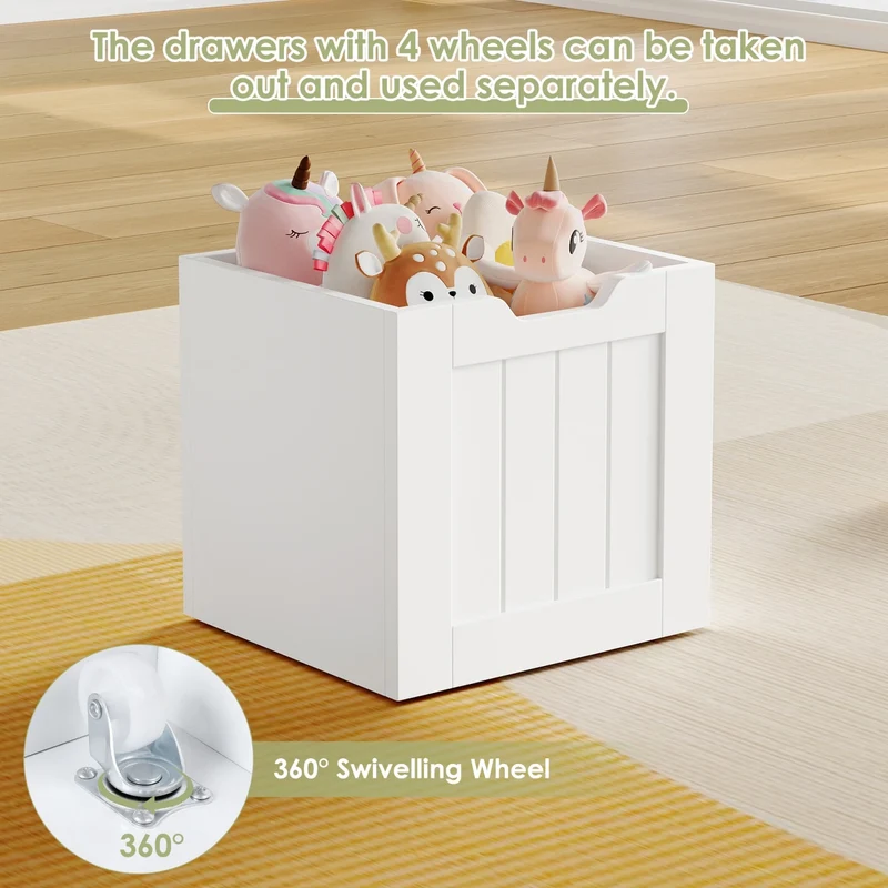 Getone Kids Toy Storage Unit Childrens Bookcase with 4 roller drawers 8 shelves Toy Organiser Kids Bookshelf for Nursery Playroom 125.5x33x118cm White/ Pink