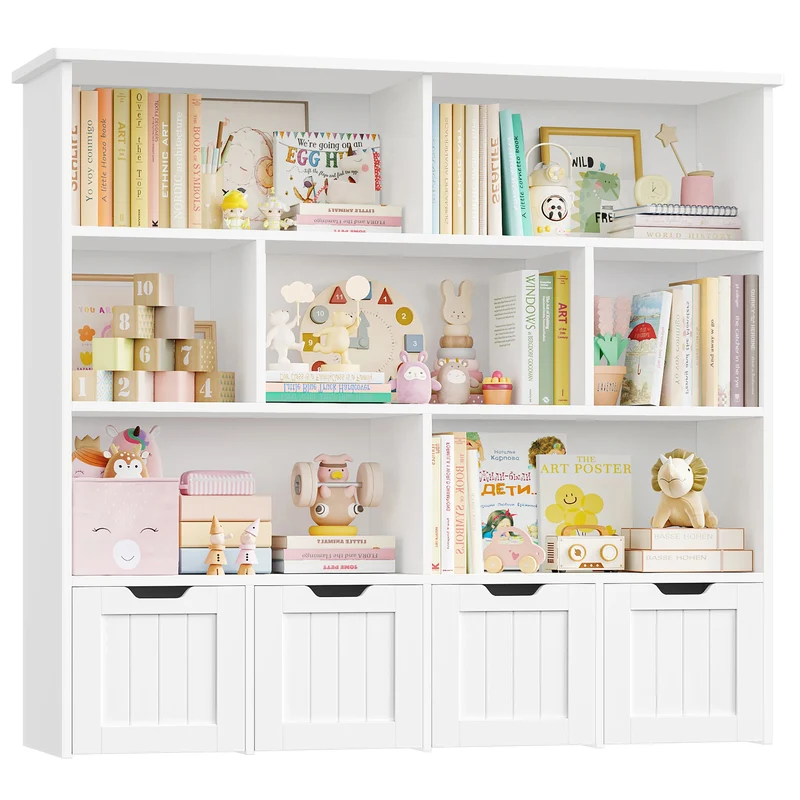 Getone Kids Toy Storage Unit Childrens Bookcase with 4 roller drawers 8 shelves Toy Organiser Kids Bookshelf for Nursery Playroom 125.5x33x118cm White/ Pink