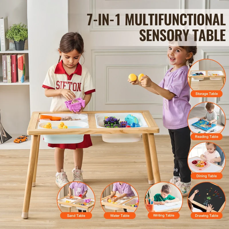 SucceBuy Wooden Sensory Table for Kids Activity with 3 Foldable Storage Bins & Double-Sided Board Indoor/Outdoor for Studying
