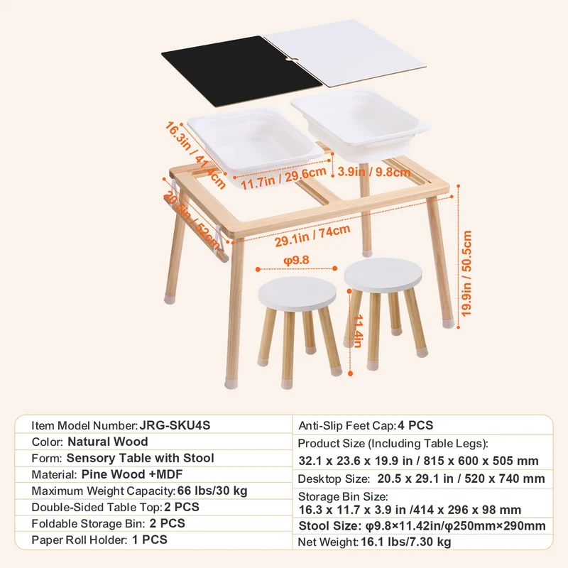 SucceBuy Wooden Sensory Table for Kids Activity with 3 Foldable Storage Bins & Double-Sided Board Indoor/Outdoor for Studying