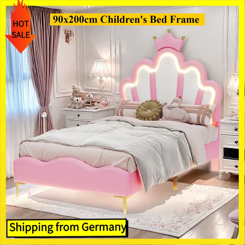 Comanlai Children's Bed 90x200cm with LED Light and Crown-shaped Headboard,Upholstered Bed with Slatted Frame,PU Leather,Pink