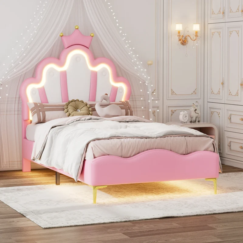 Comanlai Children's Bed 90x200cm with LED Light and Crown-shaped Headboard,Upholstered Bed with Slatted Frame,PU Leather,Pink