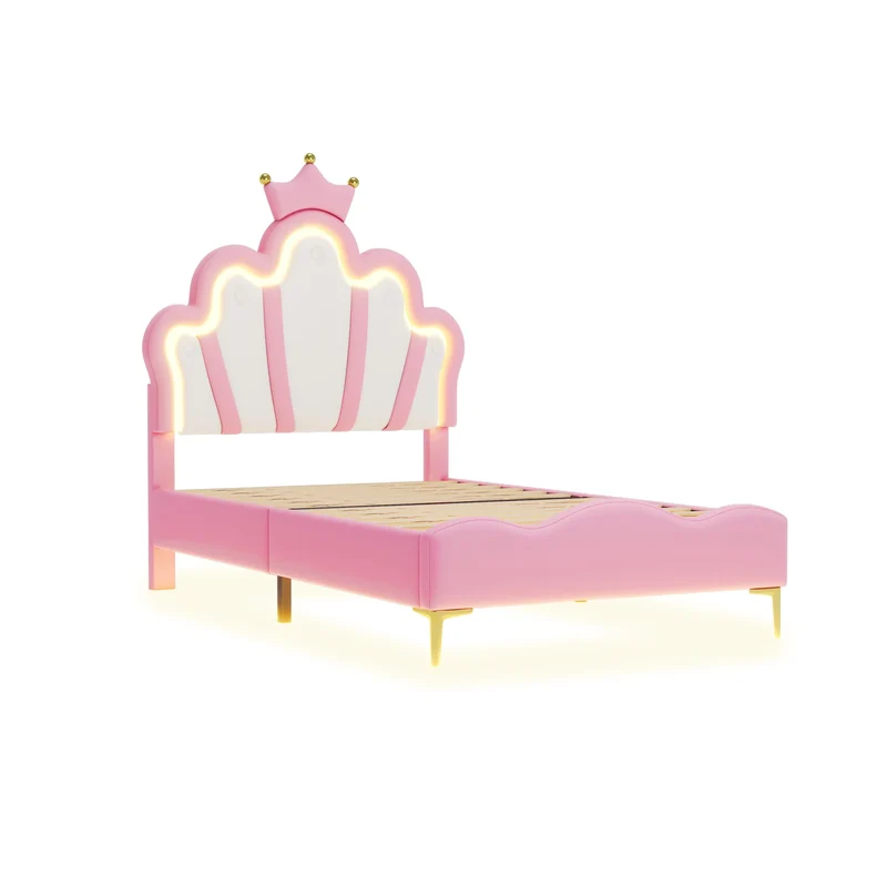 Comanlai Children's Bed 90x200cm with LED Light and Crown-shaped Headboard,Upholstered Bed with Slatted Frame,PU Leather,Pink