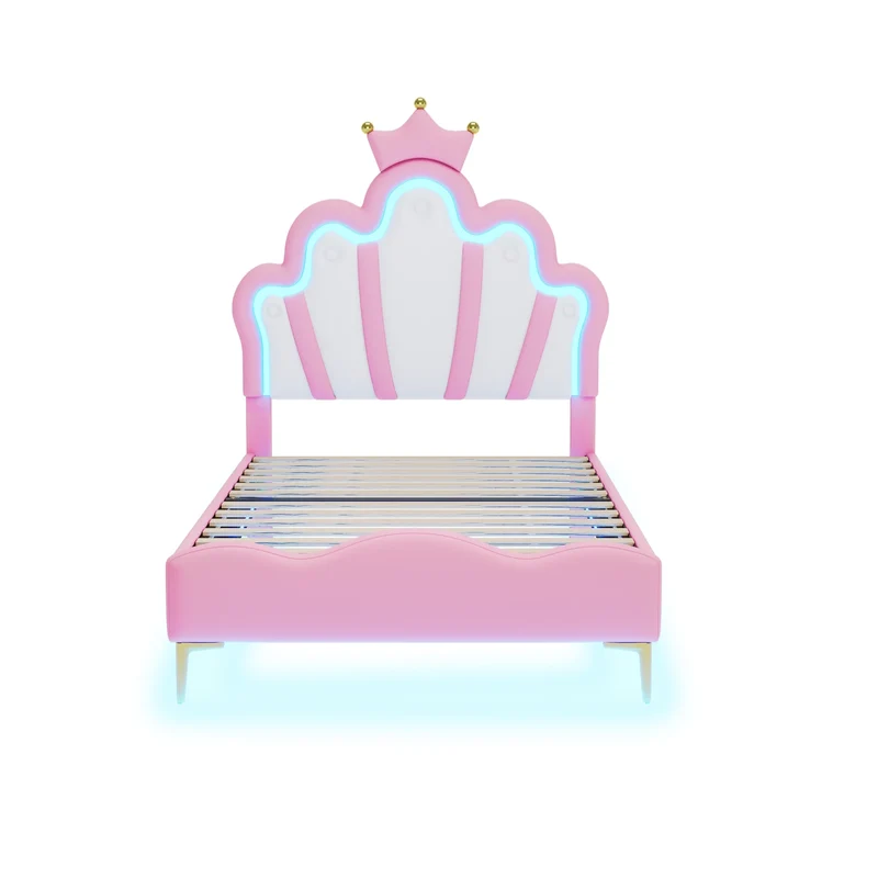 Comanlai Children's Bed 90x200cm with LED Light and Crown-shaped Headboard,Upholstered Bed with Slatted Frame,PU Leather,Pink