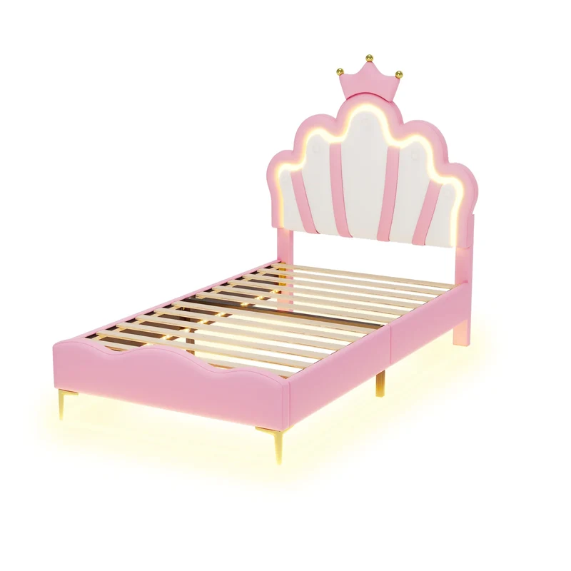 Comanlai Children's Bed 90x200cm with LED Light and Crown-shaped Headboard,Upholstered Bed with Slatted Frame,PU Leather,Pink