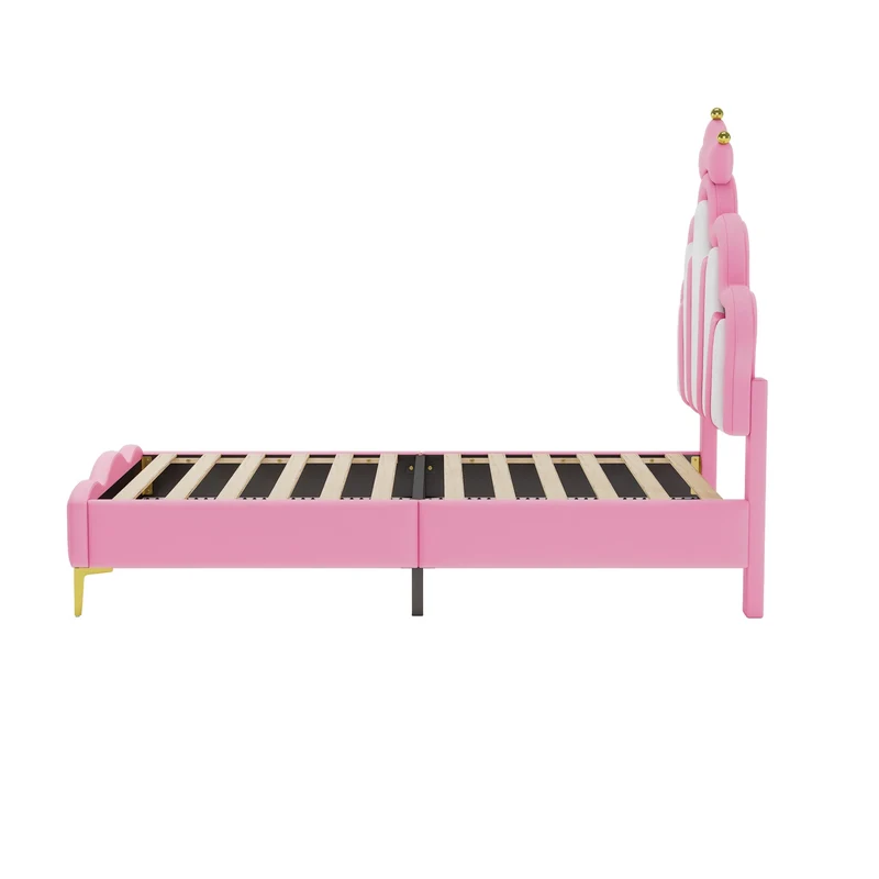 Comanlai Children's Bed 90x200cm with LED Light and Crown-shaped Headboard,Upholstered Bed with Slatted Frame,PU Leather,Pink