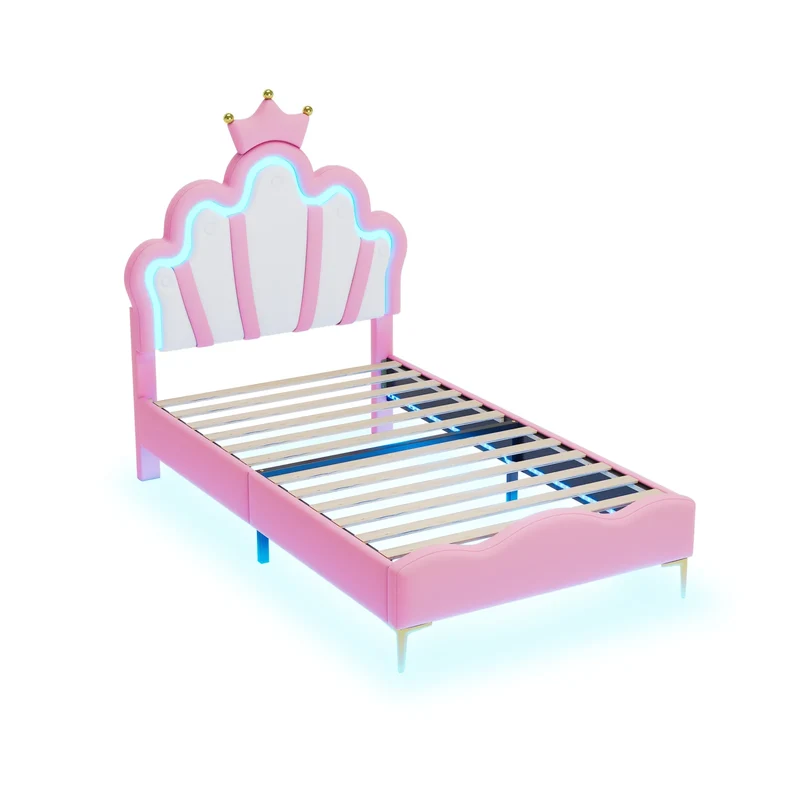 Comanlai Children's Bed 90x200cm with LED Light and Crown-shaped Headboard,Upholstered Bed with Slatted Frame,PU Leather,Pink