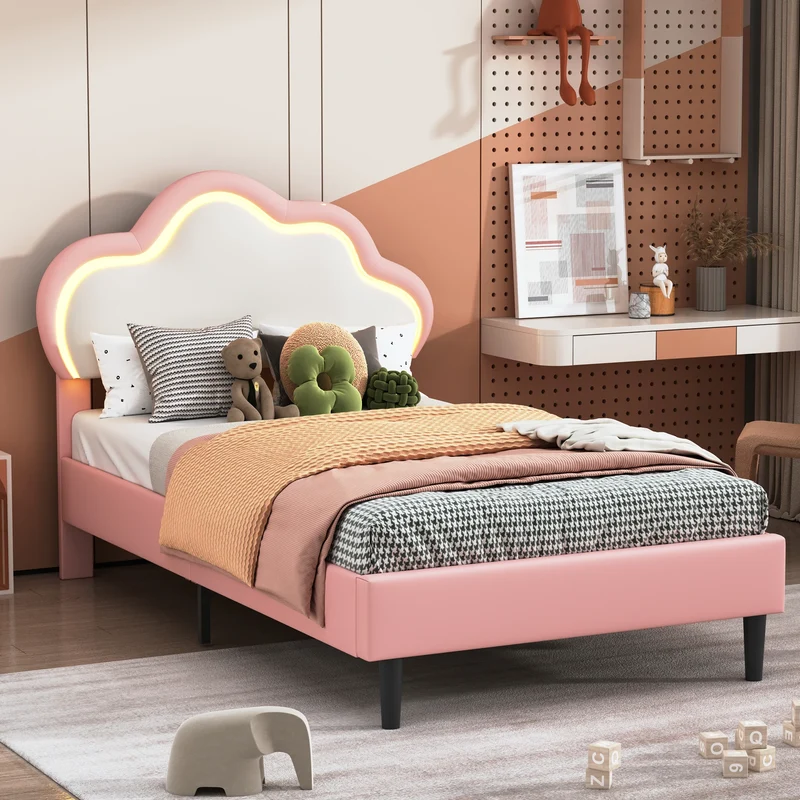 Comanlai Children's Bed 90x200cm with LED Light and Crown-shaped Headboard,Upholstered Bed with Slatted Frame,PU Leather,Pink