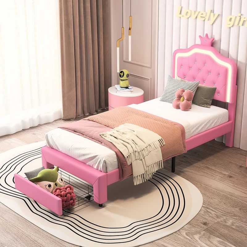 Comanlai Children's Bed 90x200cm with LED Light and Crown-shaped Headboard,Upholstered Bed with Slatted Frame,PU Leather,Pink