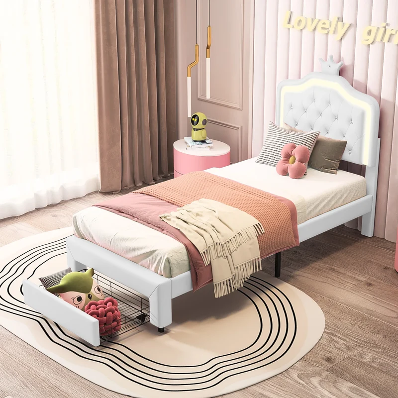 Comanlai Children's Bed 90x200cm with LED Light and Crown-shaped Headboard,Upholstered Bed with Slatted Frame,PU Leather,Pink