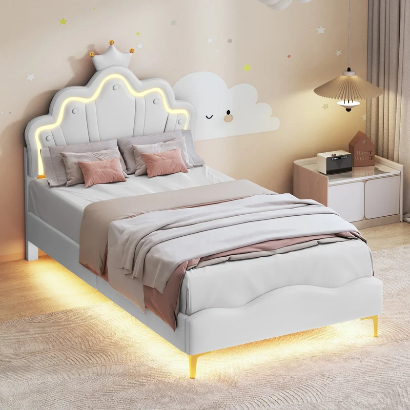 Comanlai Children's Bed 90x200cm with LED Light and Crown-shaped Headboard,Upholstered Bed with Slatted Frame,PU Leather,Pink