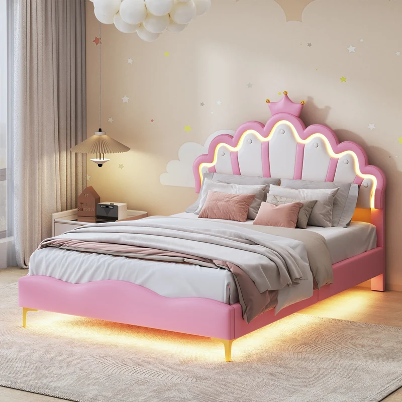 Comanlai Children's Bed 90x200cm with LED Light and Crown-shaped Headboard,Upholstered Bed with Slatted Frame,PU Leather,Pink